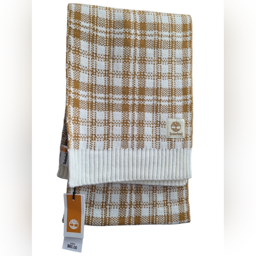 Timberland Plaid Scarf in White and Tan
